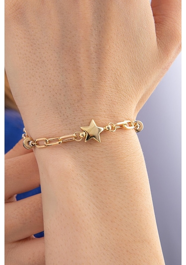 14 Ayar Altın Yıldız Detaylı Oval Ataç Bileklik