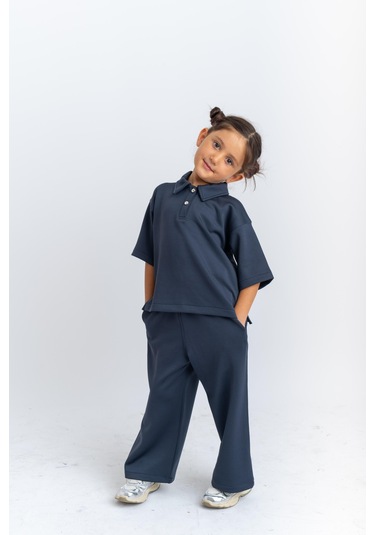 Oliventhekid Unisex Polo Yaka Bol Paçalı Takım Lacivert Lacivert