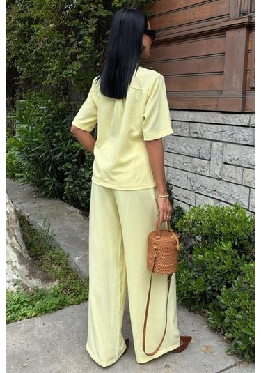 Sensuelle Hakim Yaka Çapraz Düğmeli Plazzo Pantolon Viscon Keten Takım 10209 Altın