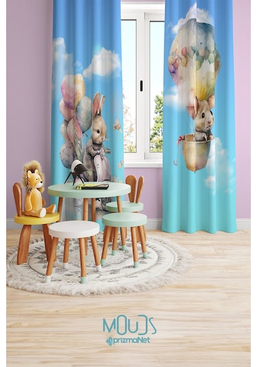 Tavşan Ve Farecik Desenli Fon Perde Çocuk Ve Bebek Odası Süet Baskılı Ekstrafor Büzgü 2 Kanat Prd-67 Çok Renkli