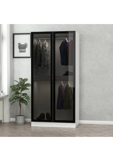 Minar Kale 2 Cam Kapaklı Dolap - Beyaz/siyah 210cm