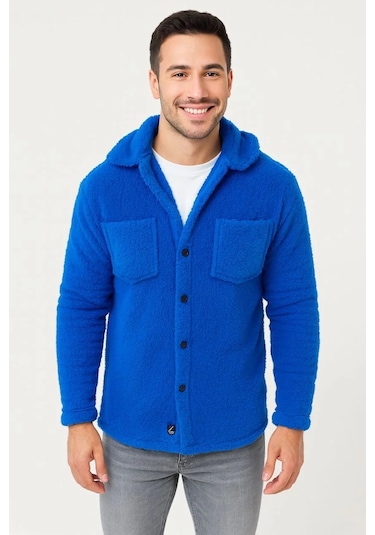 Erkek Pelüş Polar Hırka Gömlek Yakalı, İlik Düğmeli, Göğüs Cepli, Yumuşak Dokulu Kışlık Regular Fi Saks Mavisi