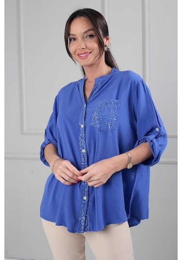By Saygı Kadın Pul Detaylı Tek Cepli Oversize İthal Keten Gömlek Saks