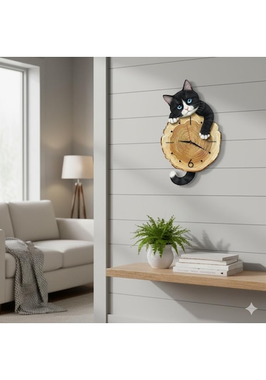 Cajuart Kütük Üzerinden Bakan Smokin Kedi Tasarımlı Duvar Saati Modern Dekoratif Saat Kahverengi