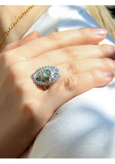 Doğal Taş Yeşil Akik Doğal Taşlı Telkari Modelli Kadın Ayarlanabilir Gümüş Kaplama Yüzük Euy65yar Yeşil