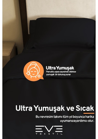 Eve Tekstil %100 Pamuk Ranforce Çarşaflı Yastık Ve Yorgan Kılıflı Çift Kişilik Nevresim Takımı 200x220 Cm Siyah