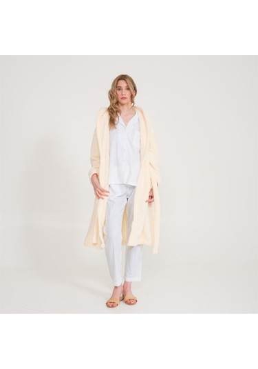 Uzun Welsoft Kapüşonlu Kadın Sabahlık Ekru