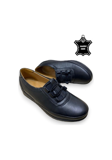 Günlük Kadın Hakiki Deri Comfort Tam Ortopedik Anne Ayakkabısı Siyah Lastikli Siyah