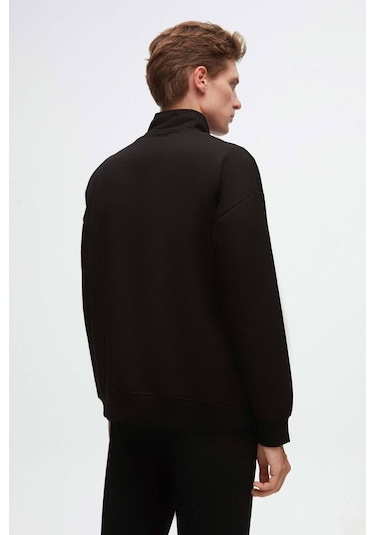 D's Damat Oversize Siyah Düz Yarım Fermuarlı Pamuklu Mevsimlik Sweatshirt 2ECE25ORT2796 Siyah