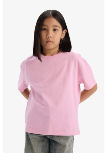 DeFacto Kız Çocuk Relax Fit Bisiklet Yaka Basic Düz Kısa Kollu Tişört D9099A825SMPN444 Pembe