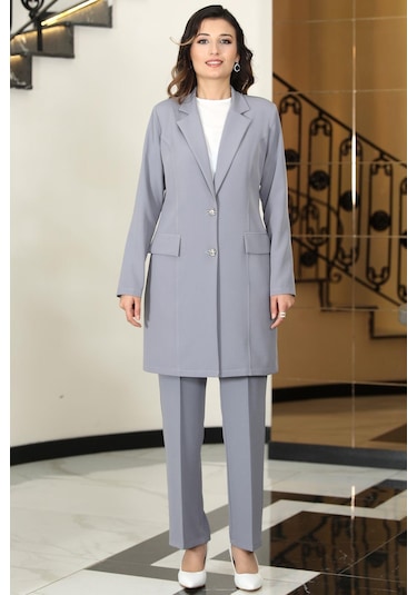 Parla Uzun Ceket Pantolon İkili Tesettür Takım Gri Gri