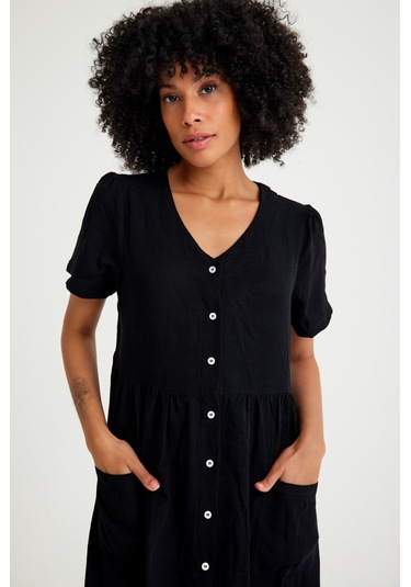 Barbora Keten Günlük Rahat V Yaka Beli Büzgü Detaylı Düğmeli Elbise Ln04siyah14 001