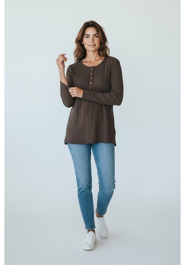 Kadın Yaka Düme Detaylı Mevsimlik Bluz Kahverengi