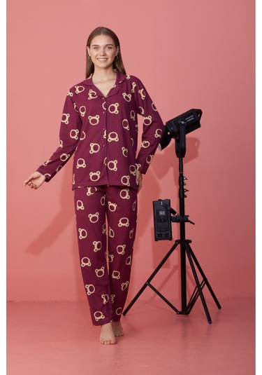 Kadın Mevsimlik Pamuklu Penye Pijama Takımı Önden Düğmeli Bordo