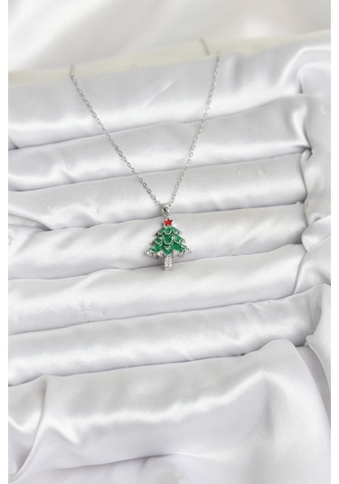 Zarif Boyunlar İçin Silver Çelik Zincir Çam Ağacı Yılbaşı Tema Kadın Kolye Metalik