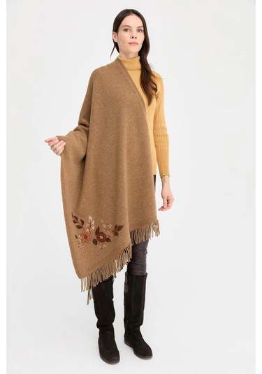 Desen Triko Kadın Papatya İşlemeli Püsküllü Yün Şal 24028 V. Camel V. Camel