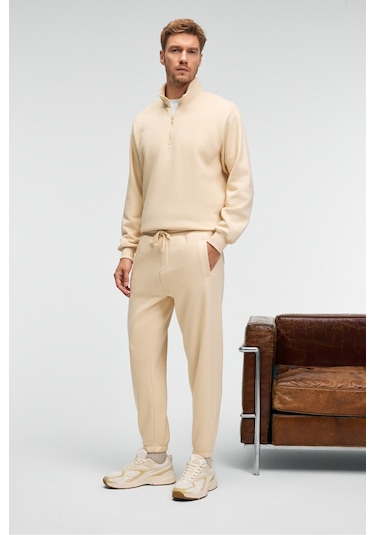 BAXTER Erkek Dik Yakalı Fermuarlı Relaxed Vanilya Sweatshirt