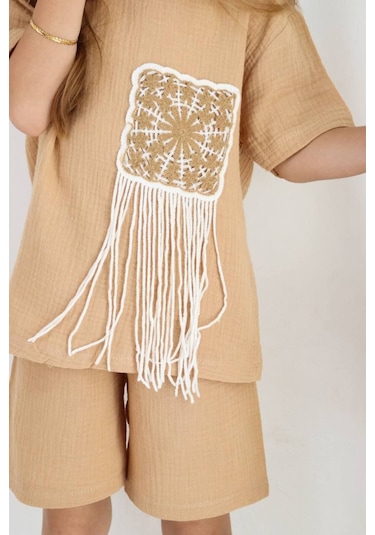 Örme Nakışlı Müslin Şort Takım KREM