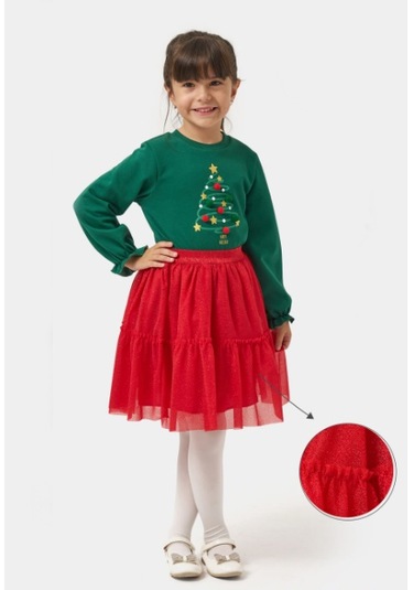 Kız Çocuk Ponponlu Simli Etekli Yılbaşı Takımı Nbk-24903 Yeşil