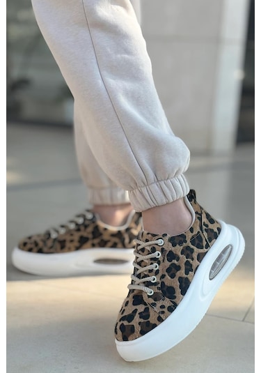 Günlük Kadın Sneaker Örgü Bağcıklı Hafif Kalın Yüksek Balon Taban Yürüyüş Spor Ayakkabı 5750 Leopar