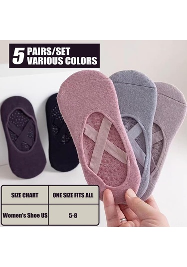 Jeehugo Kadınlar İçin 5 Çift Yoga Çorapları - İç Mekan Pilates Sporu, Zemin Kullanıma Uygun, Düz Renk, Ayak Bileği Bağcıklı Egzersiz Çorapları Diğer