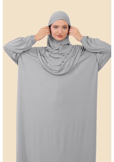 Tek Parça Tesettür Namaz Elbisesi Tak Çıkar Başörtülü Organik Pamuklu Lastikli Kolu Kaymaz Penye Gri