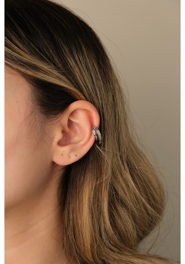 Çildan Womens Silver Özel Tasarım Zirkon Taşlı Üçlü Kıkırdak Küpe Beyaz