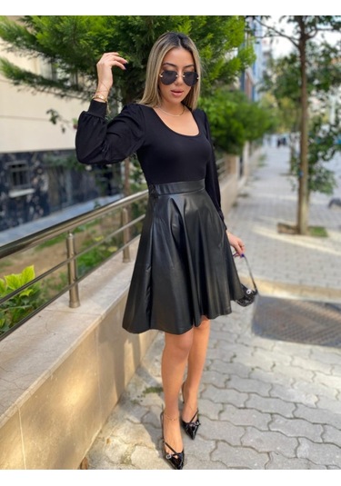 Stilaura Kadın Uzun Kollu Üst Viskon Alt Kloş Deri Elbise Siyah