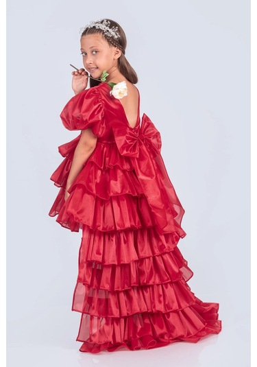 Volanella Taçlı Kız Çocuk Abiye Çift Tarz, Tek Elbise. Kırmızı