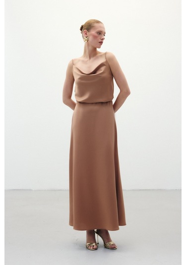 Sateen Uzun Saten Etek - Camel