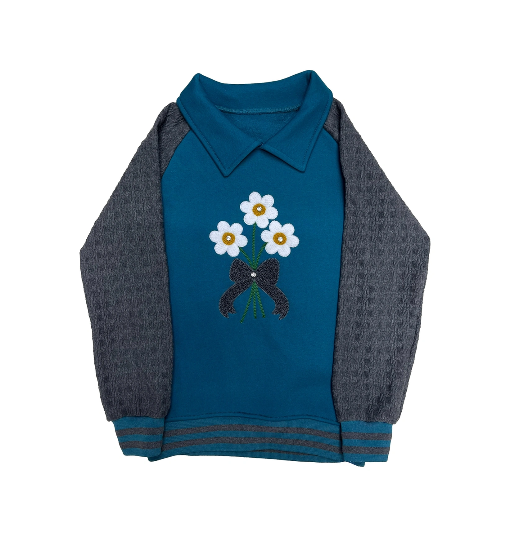 Kız Çocuk Papatya Nakışlı Ribana Detaylı 3 İplik Alt- Üst Takım 12322 Petrol Mavi