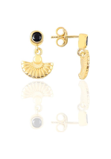 Gümüş Altın Yaldızlı Onix Taşlı Meltem Midye Küpe Barcode Altın