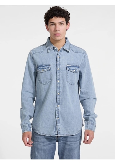 Guess Gj Slim Ls Erkek Mavi Regular Fit Denim Gömlek M5rh55d5m82-gjer Mavi