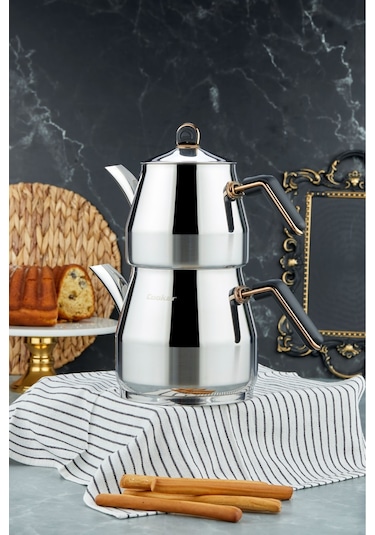 Everest 18/10 Paslanmaz Çelik Jumno Boy Çaydanlık 2 L Demlik 3,25 L Alt Hazne Siyah