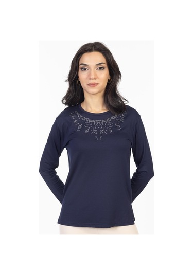 Yeni Model Taş İşlemeli Yuvarlak Yaka Likralı Anne Penye Bluz 6420-lacivert