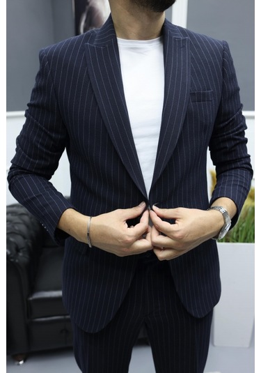 Avni Ceylan Monoline Elegance Stil Gofre Kumaş Tek Düğme Takım Elbise Lacivert