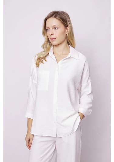 Kadın Keten Görünümlü Kolu Katlanabilir Rahat Kesim Uzun Tunik Gömlek-krem Krem