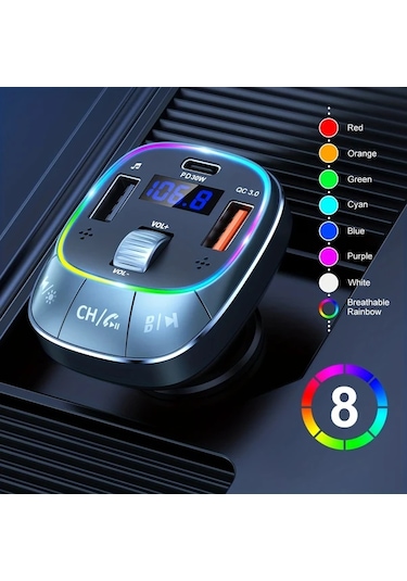 Xuweiwei Gri Laımıcaerın Araba Kablosuz 50 Adaptoru Eller Serbest Arama 8rgb Arka Aydinlatma Pd 30w Usbc Qc 30 Hizli Sarj Tum Araclar Icin Fm Verici