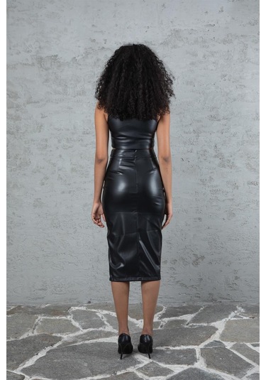 Siyah Yırtmaçlı Deri Etek - Siyah