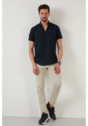 Buratti Düğmeli Yaka Pamuklu Slim Fit Cepli Erkek Gömlek Cf21S111153 Lacivert