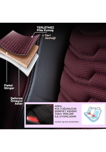 Panda Paris Serisi Pike Kumaş Oto Koltuk Kılıfı Tam Set Bordo - Siyah