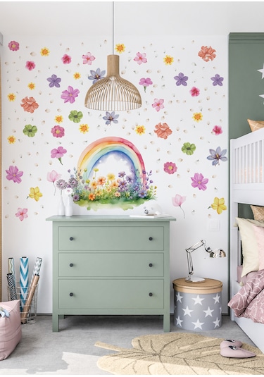 Gökkuşağı & Çiçek Duvar Sticker Mat, Sökülebilir, Dekoratif Duvar Süsü 01