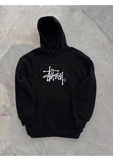 Üç İplik Kapşonlu Baskılı Sweatshirt - Siyah Siyah