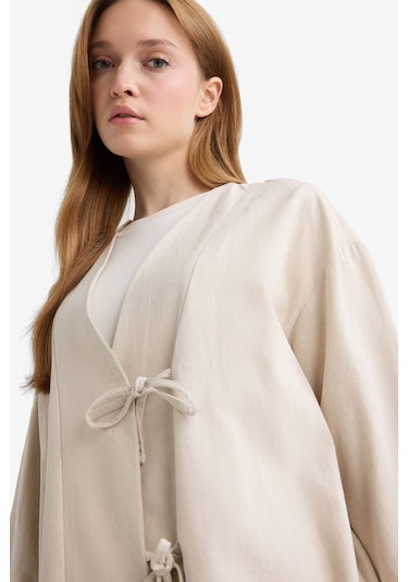 Defacto Regular Fit V Yaka Keten Karışımlı Kimono F7958ax25aubg702 Bej