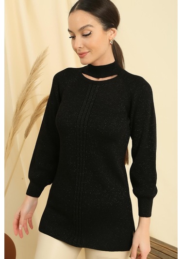 Boyun Dekolteli Saç Örgülü Desen Büyük Beden Spor Tunik Kazak-35314 - Siyah