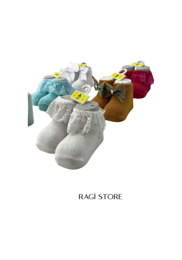 Ragi Store 6'lı Nakışlı Yenidoğan Bebek Çorap ÇoK Renkli