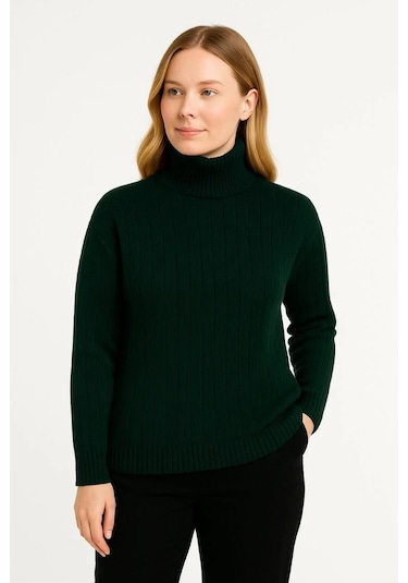 Kadın Balıkcı Yaka Bağazlı Triko Kazak Pamuklu Kalın Fitilli Dokuma - Haki Haki