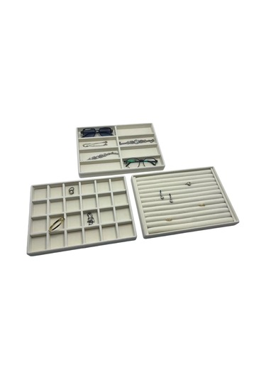 Yerli Üretim Süet Kumaş Krem Renk 34/24 Cm 3 Lü Takım Çekmece Içi Takı Tablası Çok Renkli