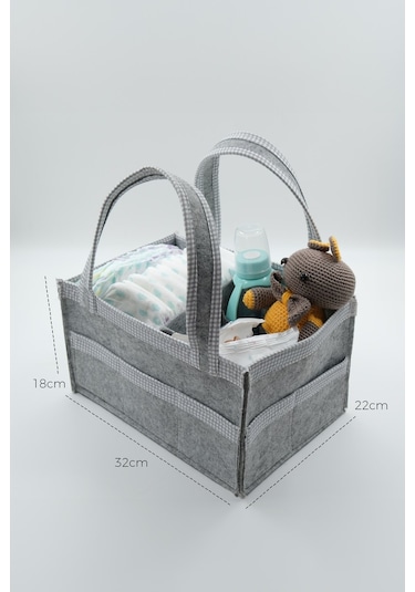 Jasper Kare Şeritli Gri Keçe Anne Bebek Bakım Çantası Organizer Gri