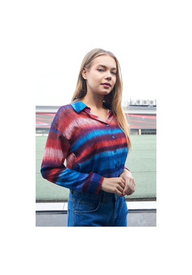 Kadın Desenli Yakalı Düşük Omuzlu Uzun Kol Şık Ofis Gömlek-Ebruli Desen Ebruli Desen